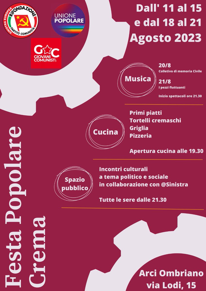 prc_lombardia's tweet photo. Ancora #festedelprc, ancora feste di #Rifondazione Dall11 al 15 e dal 18 al 21 agosto presso il circolo Arci Ombriano di #Crema sarà la volta del circolo di Crema e Cremasco. Tutte le sere bar, ristorante, musica e dibattiti. #RifondazioneComunista #rifoinfesta https://t.co/FxcRwB8ods