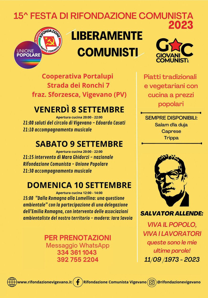 prc_lombardia's tweet photo. Ancora #festedelprc, ancora feste di #Rifondazione Dall'8 al 10 settembre toccherà al Circolo di Rifondazione Comunista #Vigevano - #PrcPavia.
Tutte le sere bar, ristorante, musica e dibattiti.
#RifondazioneComunista #festedelprc https://t.co/UkiLPjuj7P