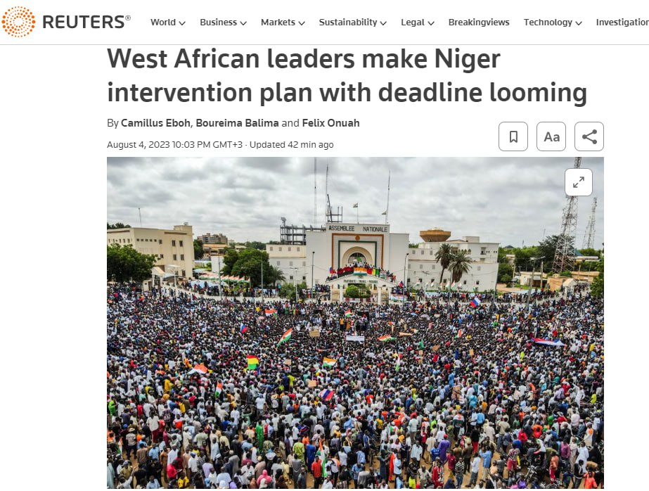 BPartisans's tweet photo. ⚡️⚡️⚡️ Les pays d'Afrique de l'Ouest préparent un plan d'invasion militaire du Niger - News 24

Les pays de la CEDEAO ont donné jusqu'à dimanche aux putschistes militaires au Niger pour se retirer et libérer le président élu Mohamed Bazum.

✖️ Sinon, les forces armées de plusieurs pays décideront à la fois d'intervenir militairement et d'envahir le Niger "pour restaurer le gouvernement légitime".

❗️ On rapporte que les agresseurs ont déjà fait un calcul des forces et des moyens et réparti les zones de responsabilité.

 ❓ Les rebelles vont-ils battre en retraite ? Et qui se lèvera à son secours dans la lutte contre l'Occident ? Ces numéros seront consacrés au week-end prochain à Nimey.