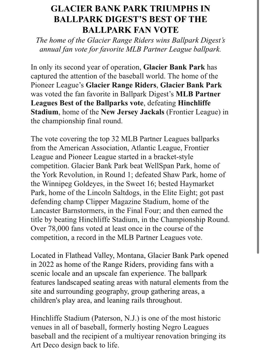 GoRangeRiders's tweet photo. Fans we did it! Glacier Bank Park received the title Best Ballpark of the MLB Partner leagues.
We’re incredibly grateful for the community support we received for the Ballpark Digest Best MLB Partner League Ballpark award.
#bestballpark #mlbpartner #probaseball #gorangeriders https://t.co/bT62aQmnoH