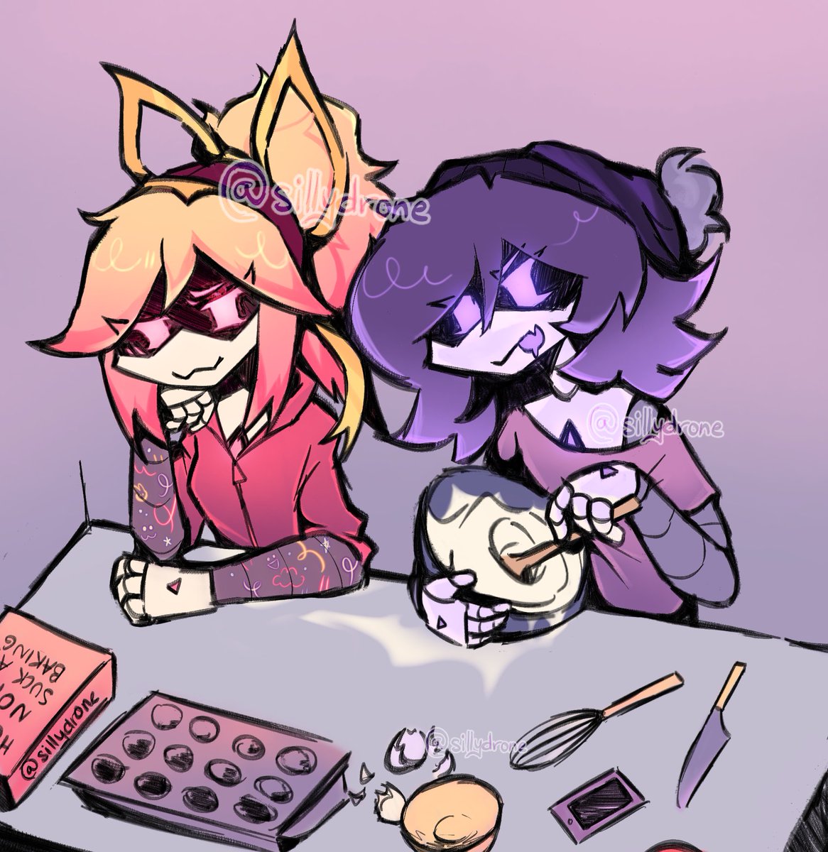 sillydrone's tweet photo. slides drawing across table (with &amp; w/o) text
they are baking cupcakes because i said so :3
uzi definitely has no idea what shes doing
#luzi #lizzyxuzi #murderdrones #fanart #UziDoorman #murderdroneslizzy
i put more effort into this than was necessary but its ok i liked the idea https://t.co/dJuEHXkUJH