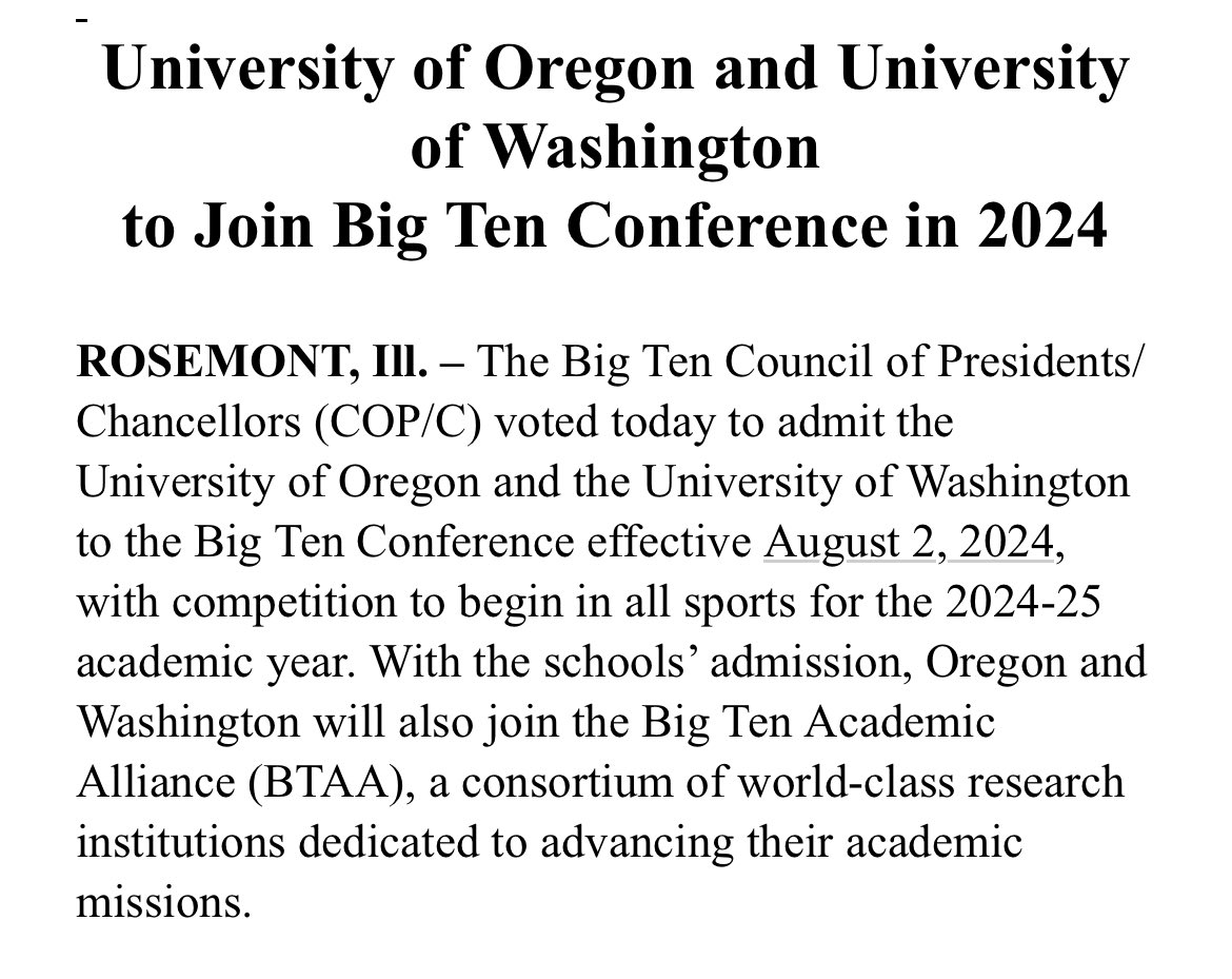 11W's tweet photo. It's official.

Oregon and Washington will be Big Ten schools in 2024.

https://t.co/P4yywI9224 https://t.co/mkBRQikjyj