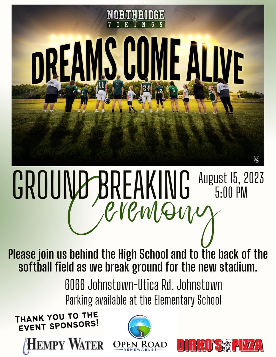📣 Mark your calendars for Tuesday, August 15th at 5:00pm to be a part of Northridge history as we break ground on the new Viking Stadium!

Join us after for free pizza 🍕 and Kona Ice 🍧 (for purchase) to celebrate!

#NRVikings