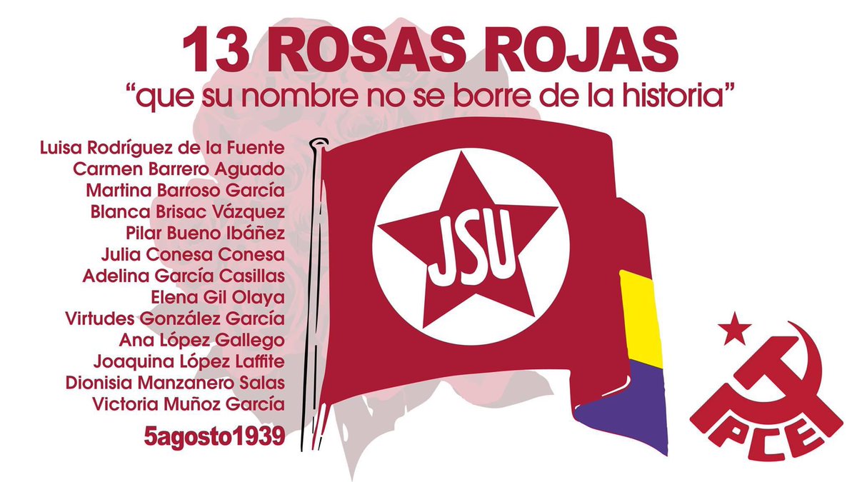 🌹 Recordamos hoy a las #13Rosas, asesinadas por el fascismo por ser jóvenes militantes de la JSU, organización juvenil adherida a la Internacional Comunista 👉 Dieron su vida en defensa de la República, la democracia y el socialismo ✊🚩 ¡Vuestro nombre es nuestra Historia!
