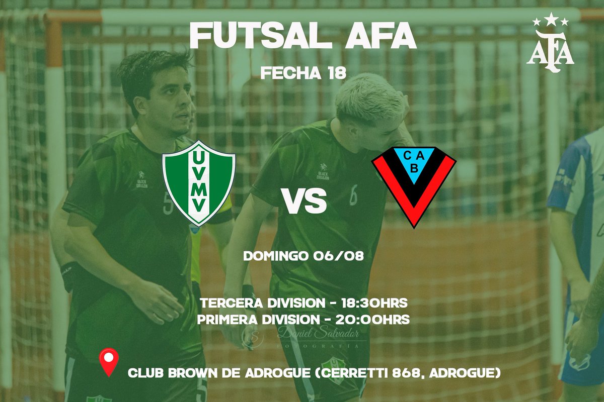 #FutsalAFA ¡A por todo!

El Verde visitará el domingo a <a href="/futsalbrown/">Futsal Brown de Adrogué</a> por la fecha 18 del torneo anual de AFA. Los esperamos para alentar a nuestro primer equipo! Vamos por más!

#VamosQueVamos #UVMV2023