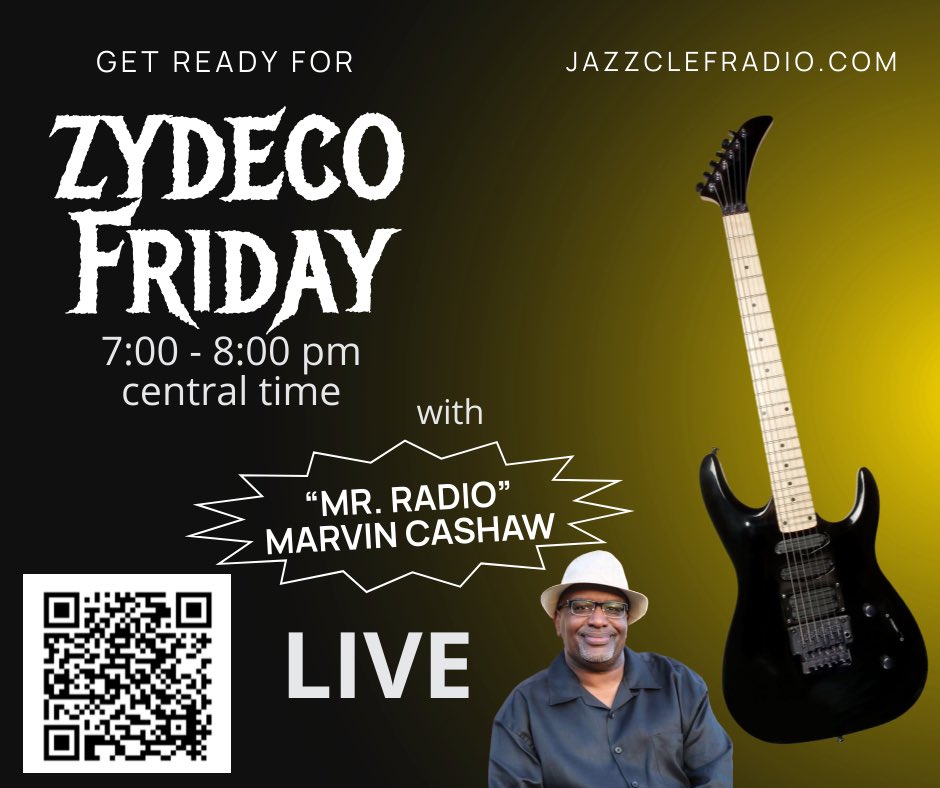 Tune in tonight to listen to “Mr. Radio” LIVE at 7:00 pm for Zydeco Friday. 

Let’s get the weekend started! 

Scan the QR code to listen LIVE. 

We are Jazz Clef Radio 

The hottest radio station in the non-universe. 

#areyouready 
#lookingforachange #thebestisyettocome