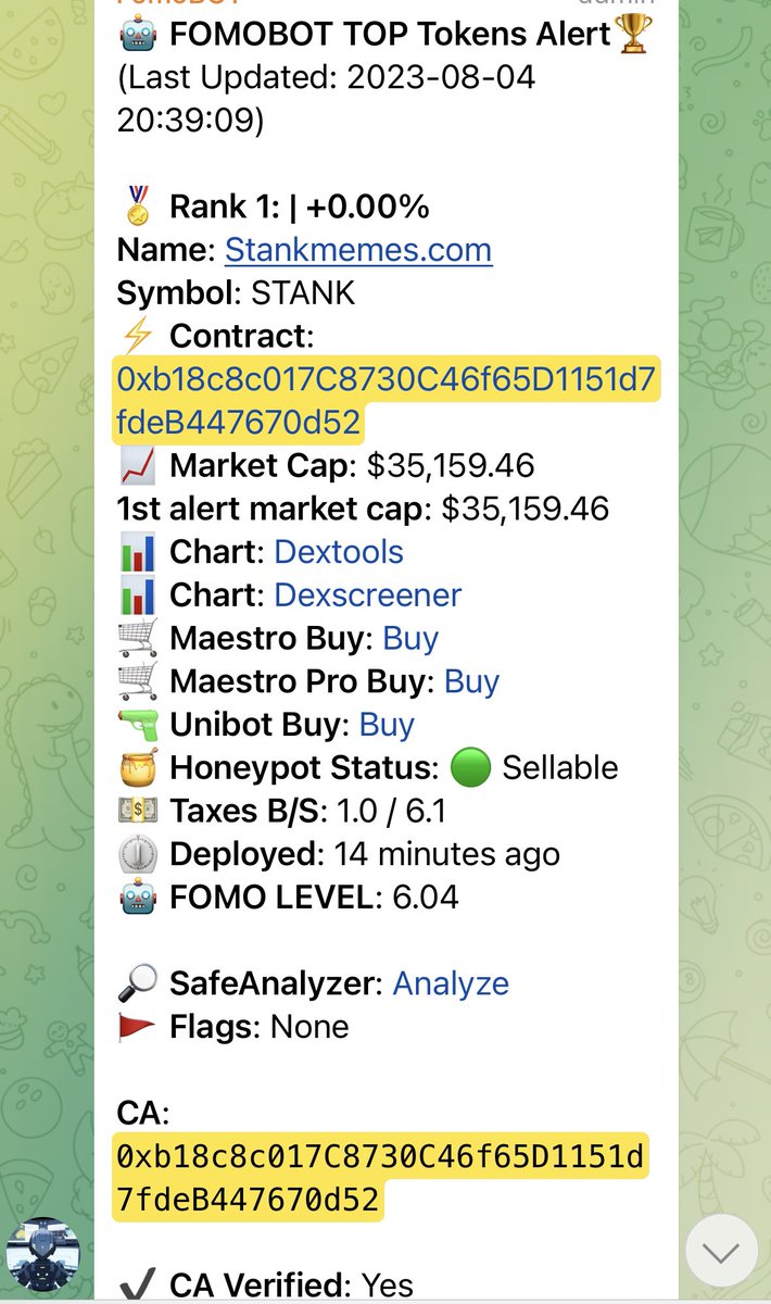 Who called $Stank before anyone else ? 

<a href="/maythous/">maythous</a> calling at 170k$ when #fomobot called at 35k$ 

Another x10 for the #fomohunters 

#maestro #unibot #bald #pepe #stank #Stankmemes