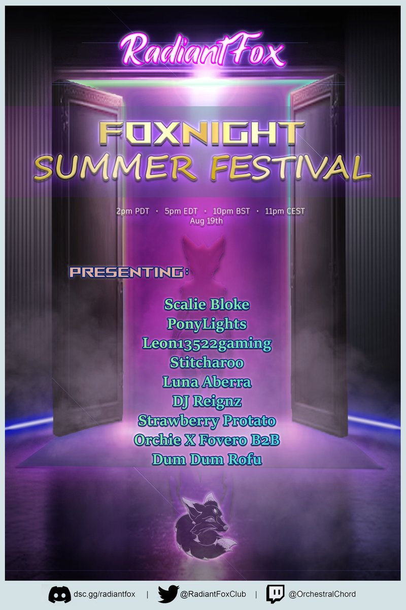 RadiantFoxClub's tweet photo. This month, #FOXNIGHT is coming back with a MASSIVE #SummerFestival!
With *9 HOURS* and 10 DJs, we'll start a lot earlier! The Staff team are super excited for this one, and we hope you are too! ๐ฅณ
Join the discord for more info and instance links:
https://t.co/CozZuefGgI https://t.co/1LrGj5KZPt