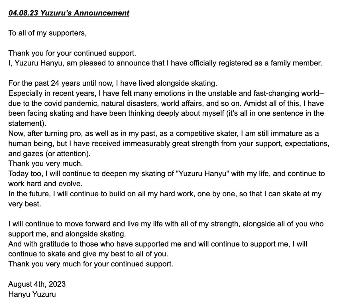nappayuzu's tweet photo. 04.08.23 Yuzuru's Announcement Translation

please refer to other sources as well; i'm a native speaker but not a professional translator!

(parantheses) = t/n https://t.co/B7HoZvIeAh