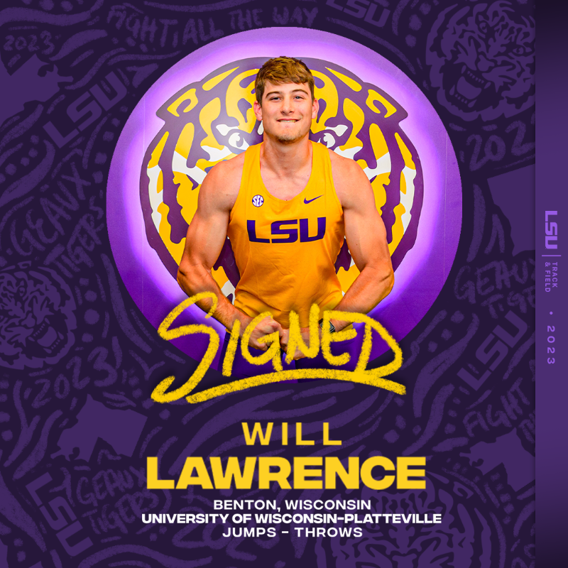 LSUTrackField's tweet photo. Welcome to the Bayou, Will! 🐅

▪️ Benton, Wisconsin
▪️ UW-Platteville
▪️ Throws/Jumps
▪️ NCAA D3 National Champion (JT)

#GeauxTigers