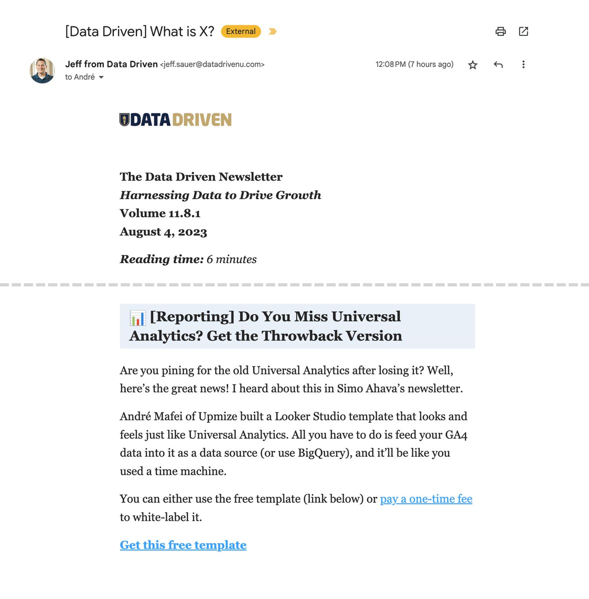 Today it was the legendary <a href="/jeffalytics/">Jeff Sauer - MeasureU.com</a> that shared GA4 Classic Mode in his Data Driven U Newsletter. Ps: I didn't ask, nor paid anyone to recommend it. Thank you very much guys for the support.