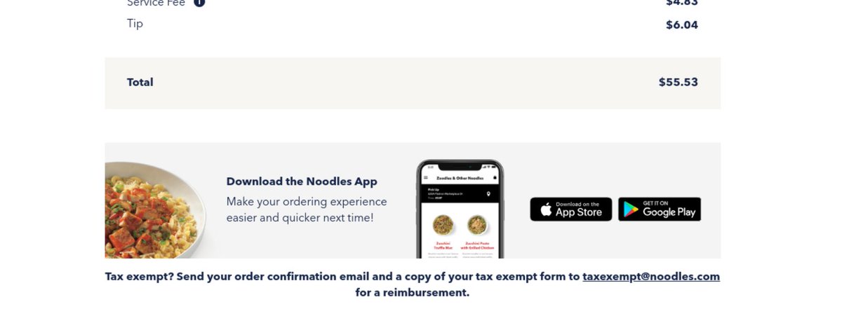 mddeff's tweet photo. @noodlescompany Couldn't send this via email because you guys don't post one.  Bottom of the order summary page on your website doesn't load right when you're not authenticated.  Let your webdevs know <3 https://t.co/9PEBHMTRwZ