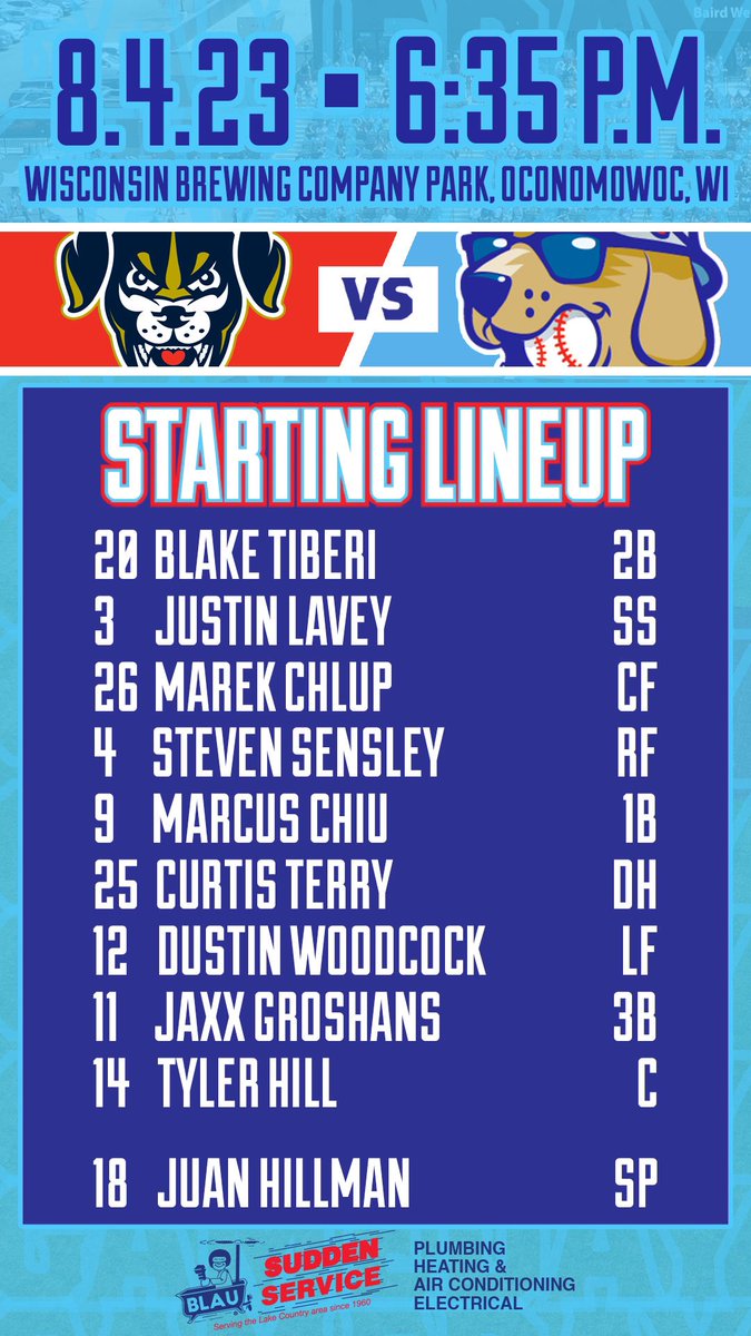 DockHounds's tweet photo. Tonightโs Starting 9 Presented by Blau Plumbing For Game 1 Against The Lincoln Saltdogs!โพ๏ธ๐ฏ
Ready For The New Series!๐ถ๐ค
#RollHounds #PawsUp
#BounceBackGame #HowlYeah https://t.co/W1L3KhELCf
