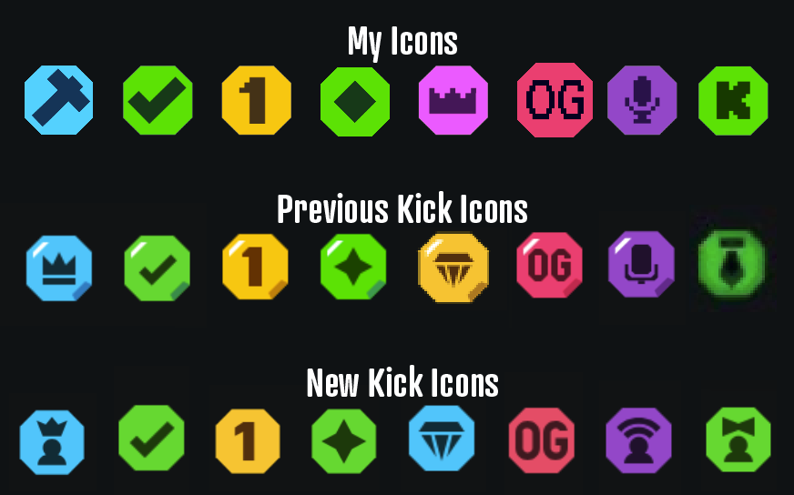 PIKE2C's tweet photo. ⭐️I redesigned Kick's Badges⭐️

Why? Kick needs a "Theme" and "Uniqueness" to it's icons. 

Check out my Medium Article (linked in the replies) for why I selected the things I did.

@kick @StakeEddie @PaulieKick @Svntvmvriv @ABZKICK @BijanTehrani https://t.co/WEVV5yb0O9