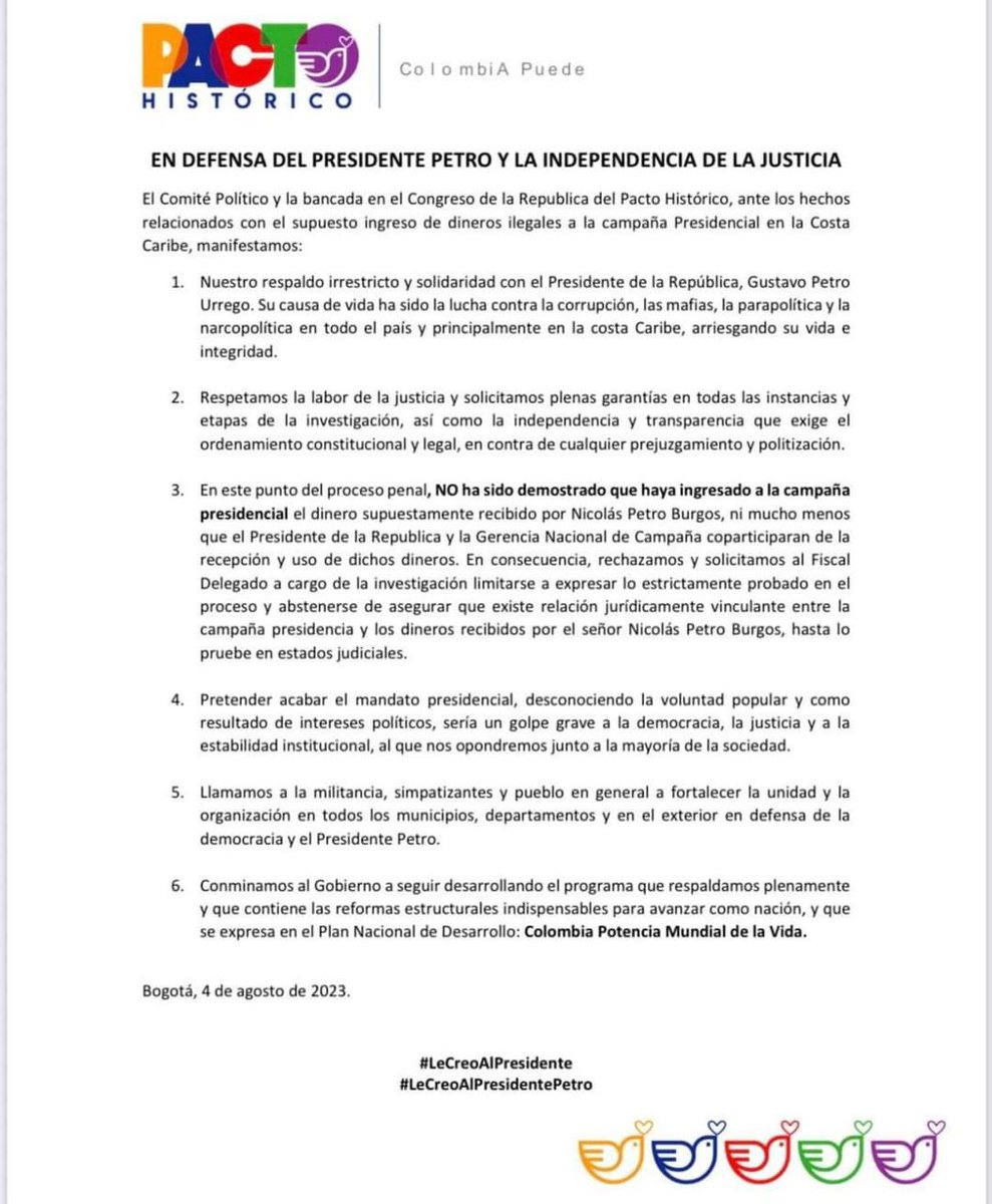GermanComunes's tweet photo. Comunicado del Comité Político y la bancada del @PactoCol.
Toda mi solidaridad Presidente @petrogustavo, cuente con nosotros y el apoyo al Gobierno popular.

#LeCreoAlPresidentePetro https://t.co/LcCkLMaIfE