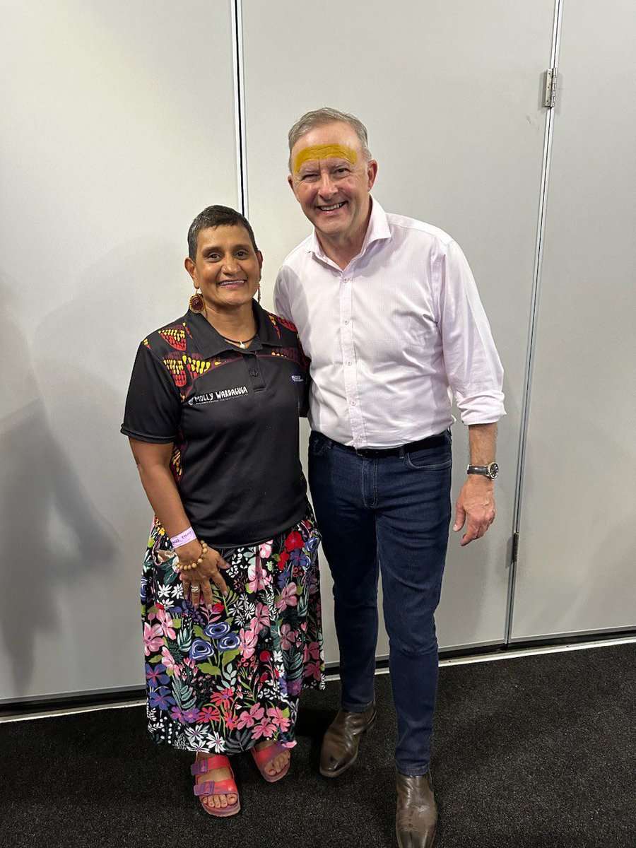 Professor Yvette Roe meeting Prime Minister Anthony Albanese at dinner. Talking about the importance of Birthing on Country! #garma #garmafestival #garma2023 #yolngucountry #yolnguculture #yolngufestival #yolngupride #yolngupower #arnhemland #birthingoncountry #culturalfestival