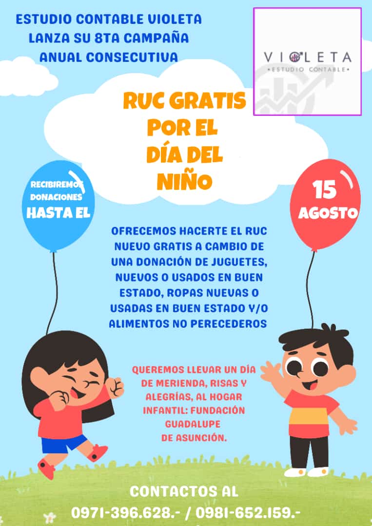 Podrías ayudarme a AYUDAR. 
Vuelvo a realizar como cada año la CAMPAÑA DEL DÍA DEL NIÑO DE RUC GRATIS POR UNA DONACIÓN
Comparte en tus redes, en tus estados, en tus grupos, con tus contactos. Porfa GRACIAS!!