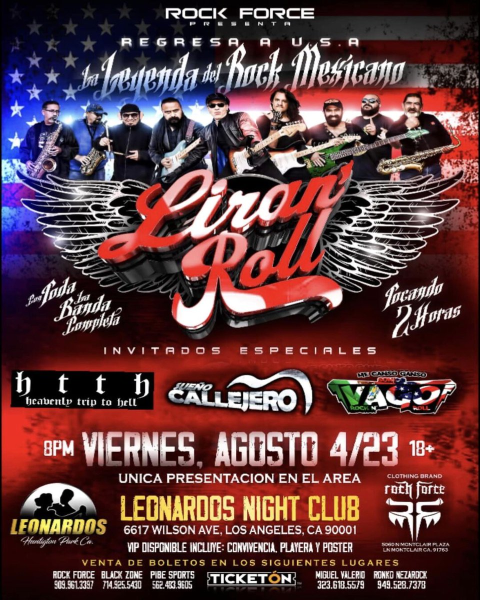 Sueño Callejero (@suenocallejero) on Twitter photo ¡HOY ES NOCHE DE ROCK N ROLL!
Tocada en Leonardo's de Huntington Park, California
Sueño Callejero (<a href="/SuenoCallejero/">Sueño Callejero</a>)
#LiranRoll (<a href="/liranrolloficia/">liranrolloficial</a>)
#HeavenlyTripToHell
#SonidoVago
#SueñoCallejero #RockUrbano #RockMexicano #RockNacional #Rock #RockDelBarrio #SantaAna #LosAngeles ¡HOY ES NOCHE DE ROCK N ROLL!
Tocada en Leonardo's de Huntington Park, California
Sueño Callejero (<a href="/SuenoCallejero/">Sueño Callejero</a>)
#LiranRoll (<a href="/liranrolloficia/">liranrolloficial</a>)
#HeavenlyTripToHell
#SonidoVago
#SueñoCallejero #RockUrbano #RockMexicano #RockNacional #Rock #RockDelBarrio #SantaAna #LosAngeles