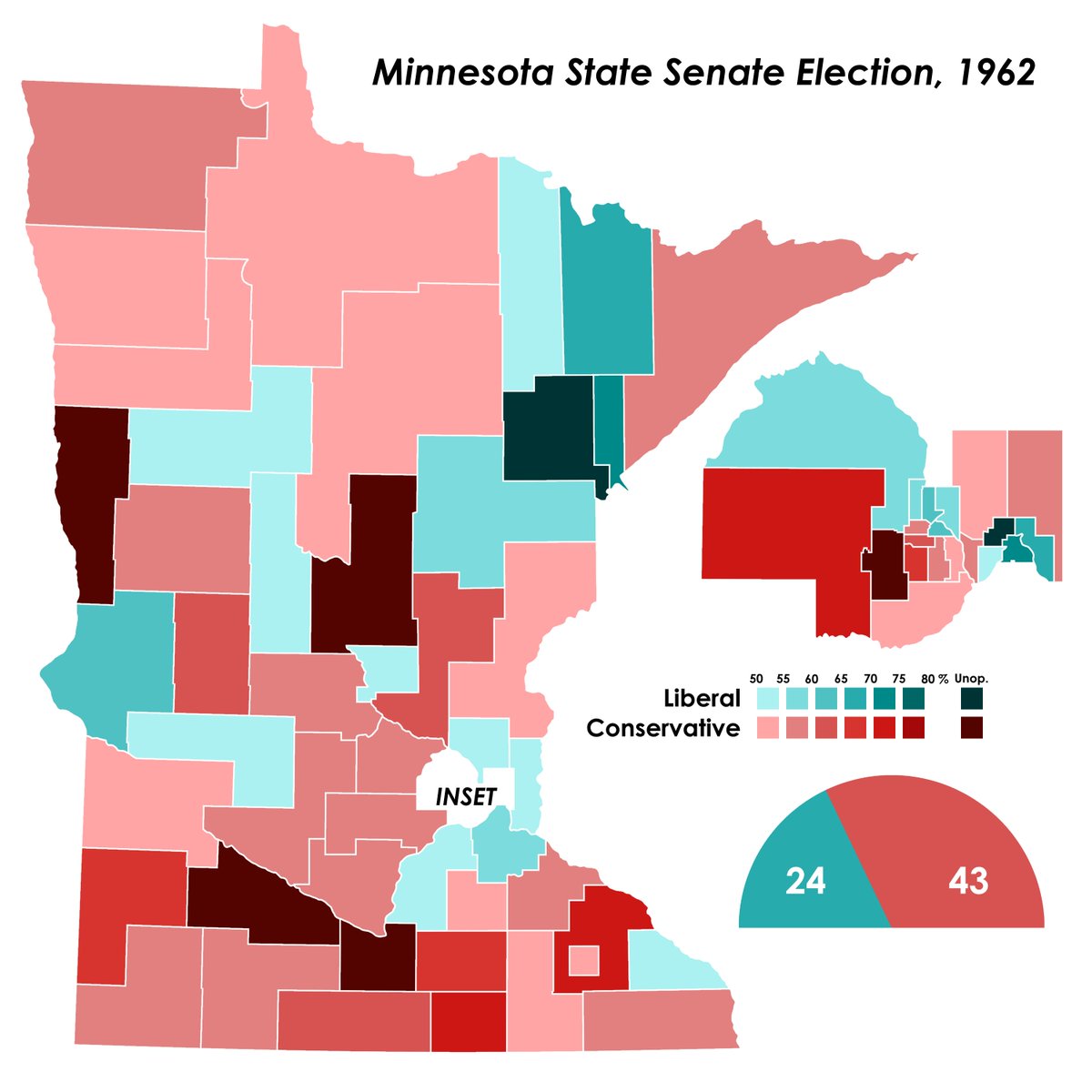 s0phistry's tweet image. Map of the 1962 Minnesota Senate election. Candidates were dejure nonpartisan but organized as the Liberal and Conservative Caucuses in the Legislature. Minnesota had redistricted its legislative maps for the first time since 1913. This was the last before one person one vote.