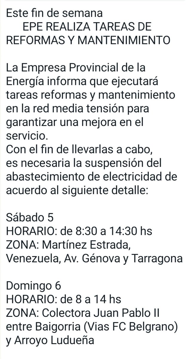 emergenciasAR's tweet photo. #Atención #Rosario este sábado 5 y domingo 6 #Cortes programados de #energía por @epeoficial zona y horarios 👇 @leodelga2 @CalleDeRosario @RosarioInf0 https://t.co/z4oJY7Hkni