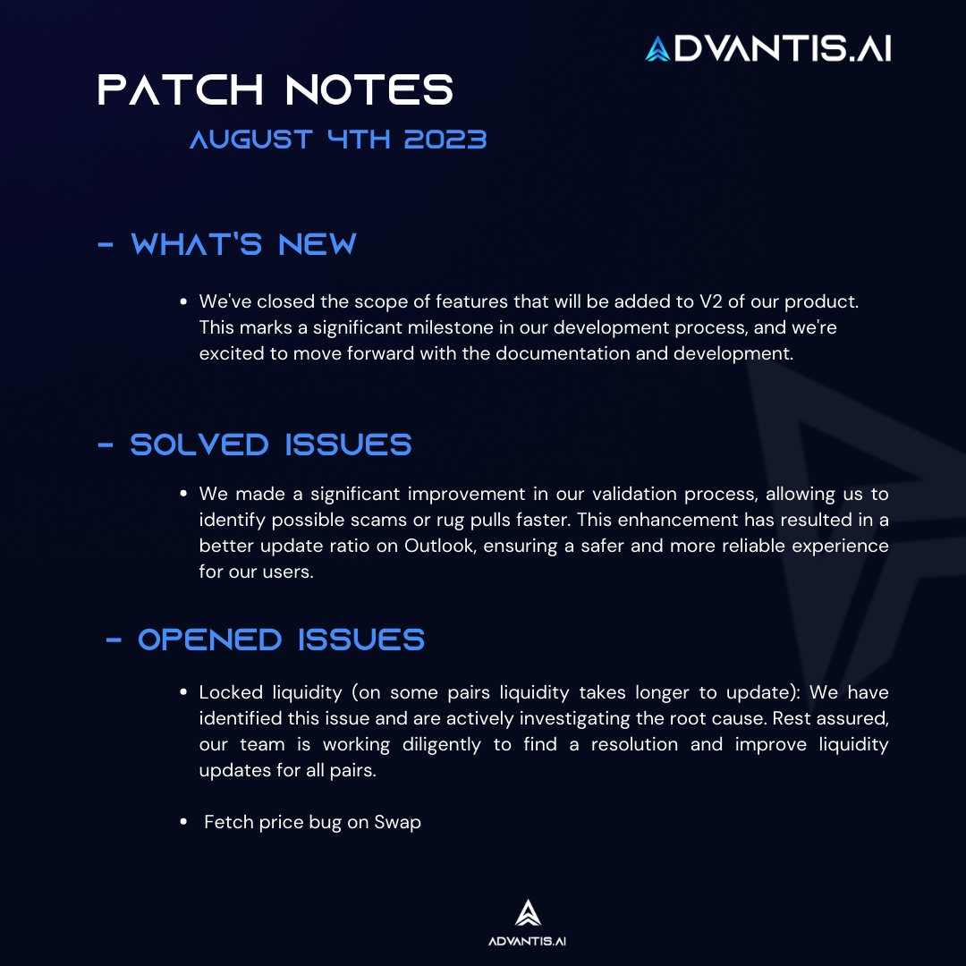 AdvantisToken's tweet photo. 📣Advantis AI Patch Notes: August 4th, 2023  

Stay informed with our bi-weekly product updates.  
We also post these in our Discord announcements channel for easy reference.  #AdvantisAI #AI #CryptoX https://t.co/4B9H5pk3To