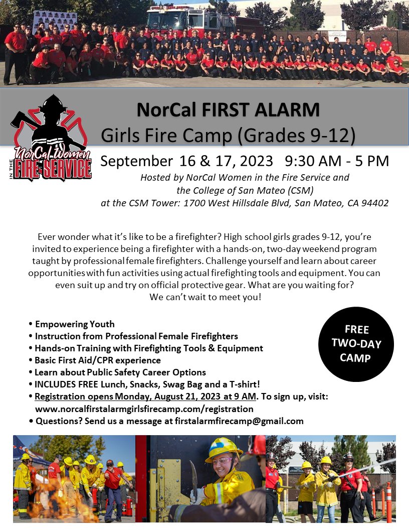 norcalwfs's tweet photo. Save the Date: The next First Alarm Girls Fire Camp will be held at the College of San Mateo on September 16 &amp; 17, 2023 from 9:30 AM - 5 PM! Registration opens on August 21 at 9 AM. Visit https://t.co/4fF9e3d9D4 for more info and to sign up! https://t.co/MAiQ12g13N