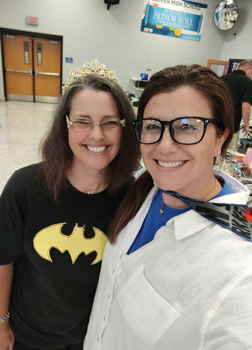 CHowie4's tweet photo. Pretty fitting on superhero day at school I got a pic with @CloverEagles Teacher of the Year! Congrats, Dr. Clark!! 👑👏 https://t.co/wHmgJps2Di