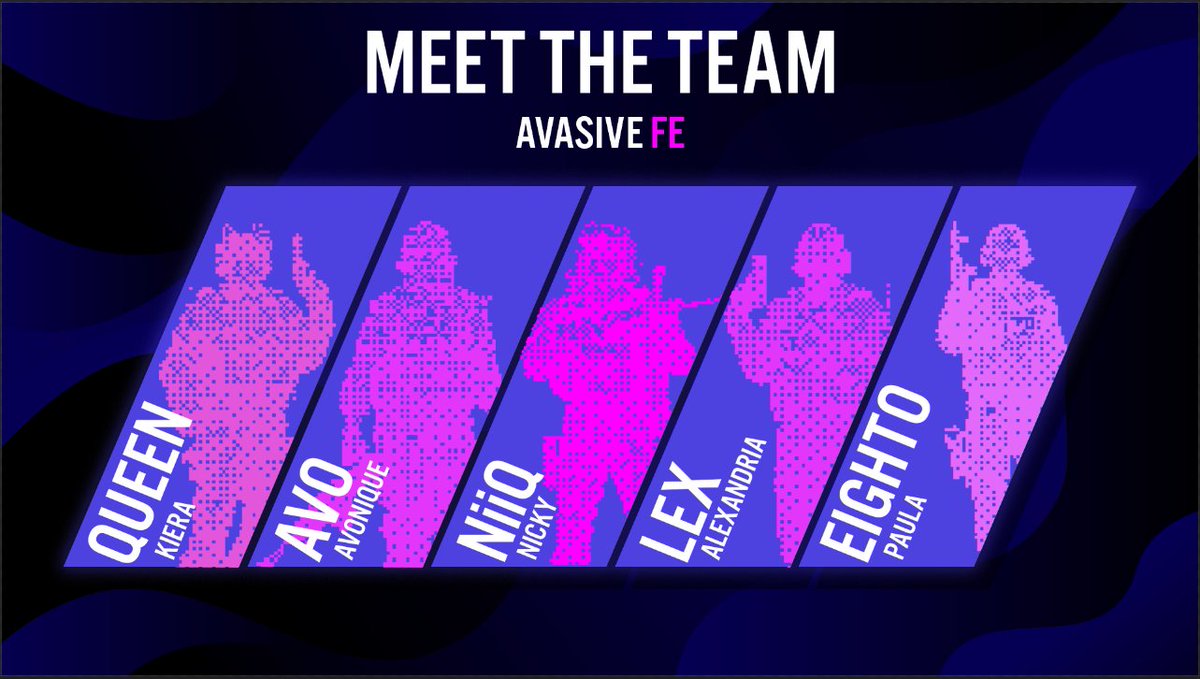 🚨Roster Announcement! 🚨

We're thrilled to announce that our Current FE roster has been revamped with some brand-new faces! 📸

A warm welcome to:

🔵<a href="/Eighto1337/">Eighto</a>
🟣@avo01313
🟡<a href="/_queen_cs/">queen</a>
🟠<a href="/NiiQ12/">NiiQ</a>
🟢<a href="/Lex_Eri/">Lex</a>

🃏<a href="/cakelinbakelin/">caitlin davies</a>

#Avasive