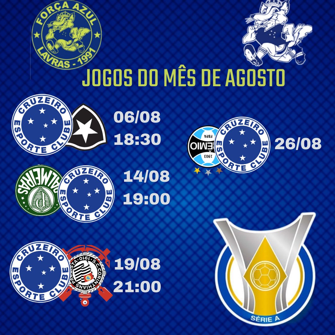 forcaazullavras's tweet photo. PRÓXIMOS JOGOS DESTE MÊS DE AGOSTO 🗓️⚽🦊⚪🔵
#Cruzeiro #FechadocomoCruzeiro #FalLavras #forcaazuldelavras #Brasileirão https://t.co/0eU8kEFIlD