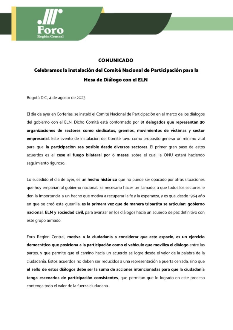 ForoRegCentral_'s tweet photo. 🟠#Paz | ¡Celebramos la instalación del Comité Nacional de Participación para los diálogos💬 con el ELN! Este Comité contó con la participación de sindicatos, gremios, victimas y empresarios, con el objetivo de que distintos sectores construyan la paz que tanto anhela el país. 👇 https://t.co/ICquRIWjMJ