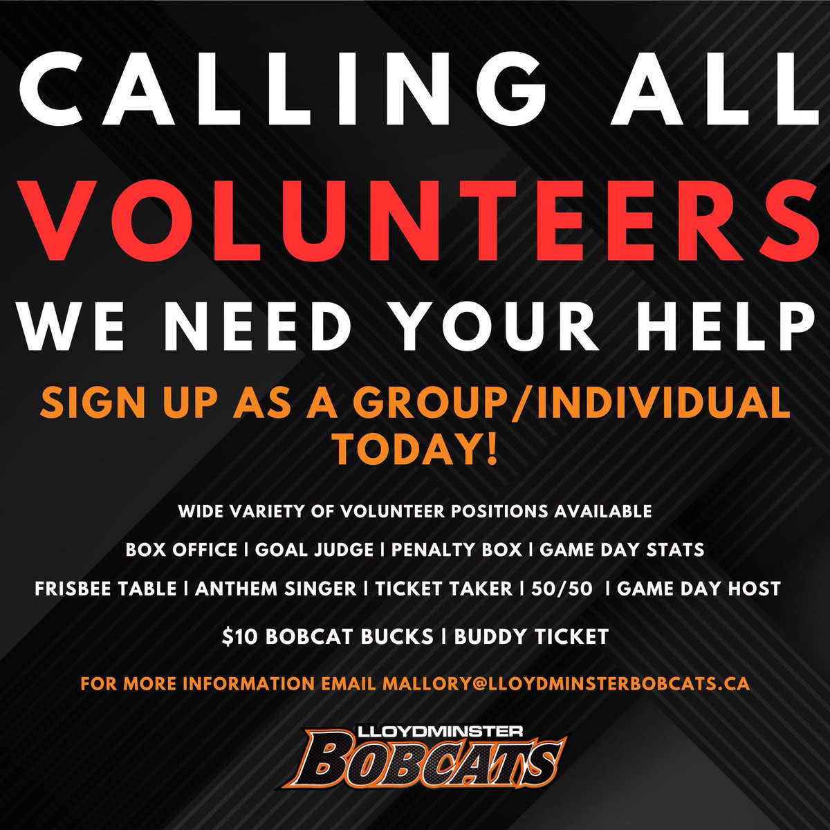 The season is fast approaching and we are looking for volunteers! A great way to team build as a group or sign up individually!
.
Our volunteers receive $10 Bobcat Bucks and a buddy pass! 
.
Come be apart of the Bobcats family! 
.
Sign up here: forms.gle/H5kegJjMdWqSX5…