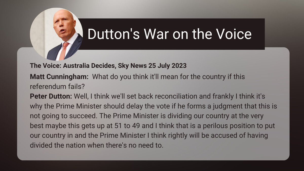 DrVicFielding's tweet photo. If you want to see Dutton’s cynical anti-Voice war, waged to destroy Albo, in all its shameful glory, read this quote from Dutton’s interview on Sky News Voice doco. I’m sure it will enrage you like it did me. Put it in context of leaked text reported by Coorey. So so so so bad. https://t.co/OBveCNIZ4g