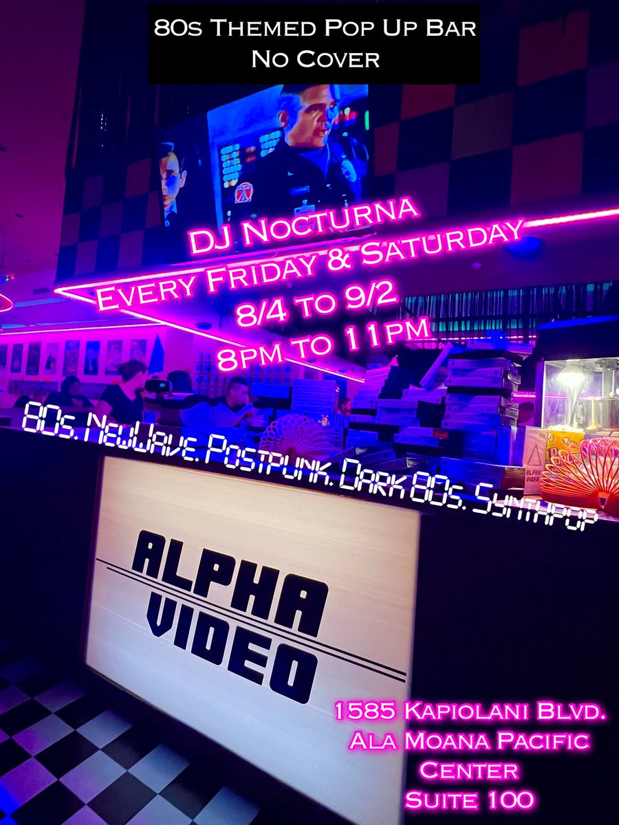 djnocturna's tweet photo. Tonight Come Dress in your foxy 80s attire & danceππ»πΊπ€π₯πΆπͺ© 80s theme party at ALPHA VIDEO. Iβll be spinning Friday & Saturday 8pm to 11pm | 1585 Kapiolani Blvd -the old Shokudo. Park behind Ala Moana Parking lot.
#alphavideo #DJNocturna #newwave, #80smusic #postpunk #goth https://t.co/Lr4joSPIsP