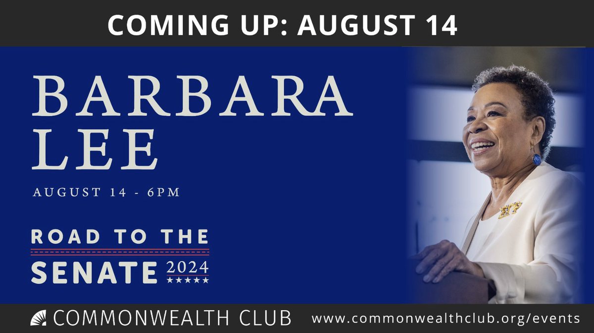 Hear from the Senate candidate herself, when @BarbaraLeeForCA talks with <a href="/ConstitutionMel/">Melissa Caen Explains</a> August 14 in-person <a href="/cwclub/">Commonwealth Club World Affairs of California</a> in San Francisco.

Tickets: commonwealthclub.org/events/2023-08…