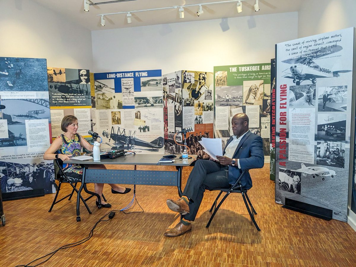 COSMuseum's tweet photo. We had a special guest visit the CSPM Annex! Mayor Yemi brought his podcast to the CSPM’s Annex “Black Wings: American Dreams of Flight” exhibit. He shares about space command, the economy, parks, and more! Listen to the episode: https://t.co/ukWgbuOLJz https://t.co/cF33VMNKyr