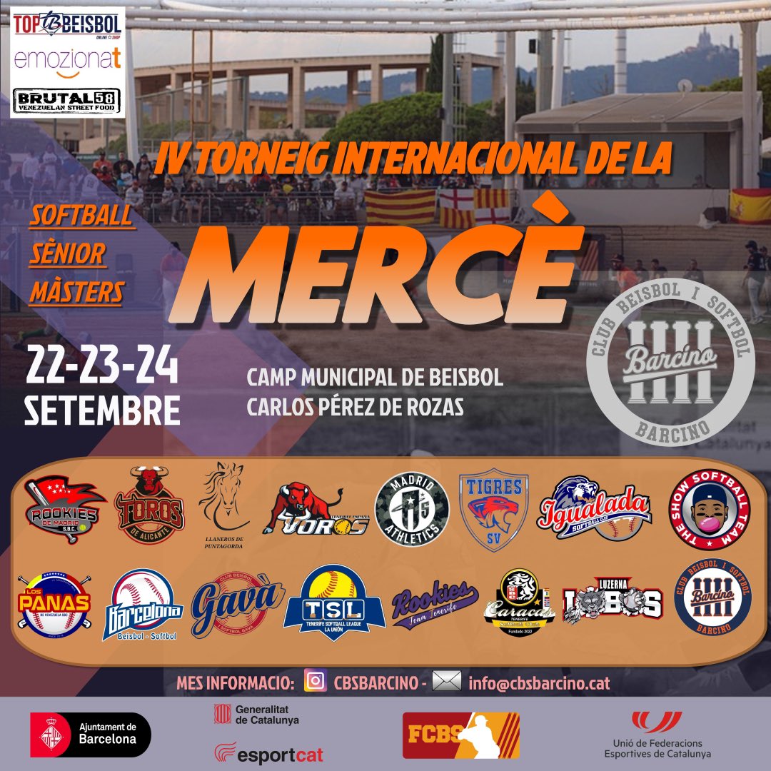 Cartell de luxe per aquesta IV Edició del Torneig Internacional de la Merçè. Del 22 al 24 de setembre es donarà cita a Montjuïc lo millor del softball, per gaudir d’un cap de setmana ple de diversió. 🔵🟠🔵🥎🥎🥎
#FestesMercè #TorneigdelaMercè #softball #seniormasters #Mercè2023