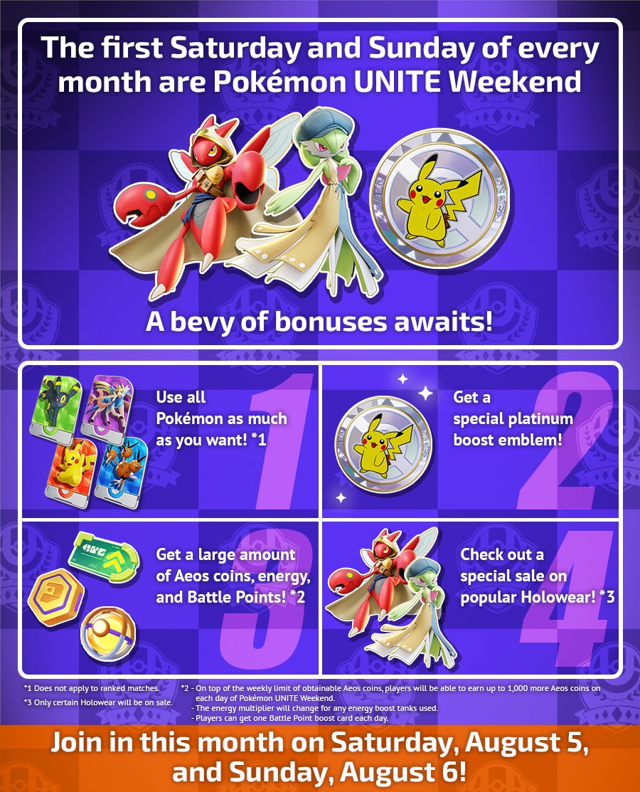 PokemonUnite's tweet photo. #PokemonUNITE Weekend has begun! Earn extra Aeos Coins, enjoy more trial licenses, get increased amounts of Aeos Energy, and check out discounts on popular Holowear! #UNITE2nd https://t.co/PRtgONXP46