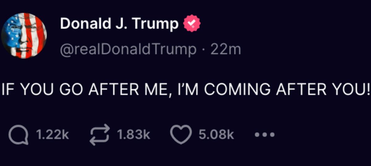 krassenstein's tweet photo. President Trump posted on Truth Social this evening:

"IF YOU GO AFTER ME, I'M COMING AFTER YOU!"

I have a few things to say about this.

If I was innocent I wouldn't be trying to intimate the prosecutors or the witnesses or the potential jury.  What I would be doing is posting the reasons why I am innocent and welcoming a free and fair trial.  

If I was arrested on multiple felonies, made bond and returned home to Tweet out "IF YOU GO AFTER ME, I'M COMING AFTER YOU!" I would almost certainly be arrested.

- Innocent people usually spend their time fighting for the truth. 

- Guilty people spend their time attacking those who discovered their crimes.

My home was raided by Homeland security in 2016.  They accused me of wire fraud and money laundering.  I literally spent months sorting through documents to prove that I broke no laws.  I never ONCE attacked the people who were investigating me.  In fact I helped them, and ultimately was never even arrested or charged with a crime.

Wake up America.