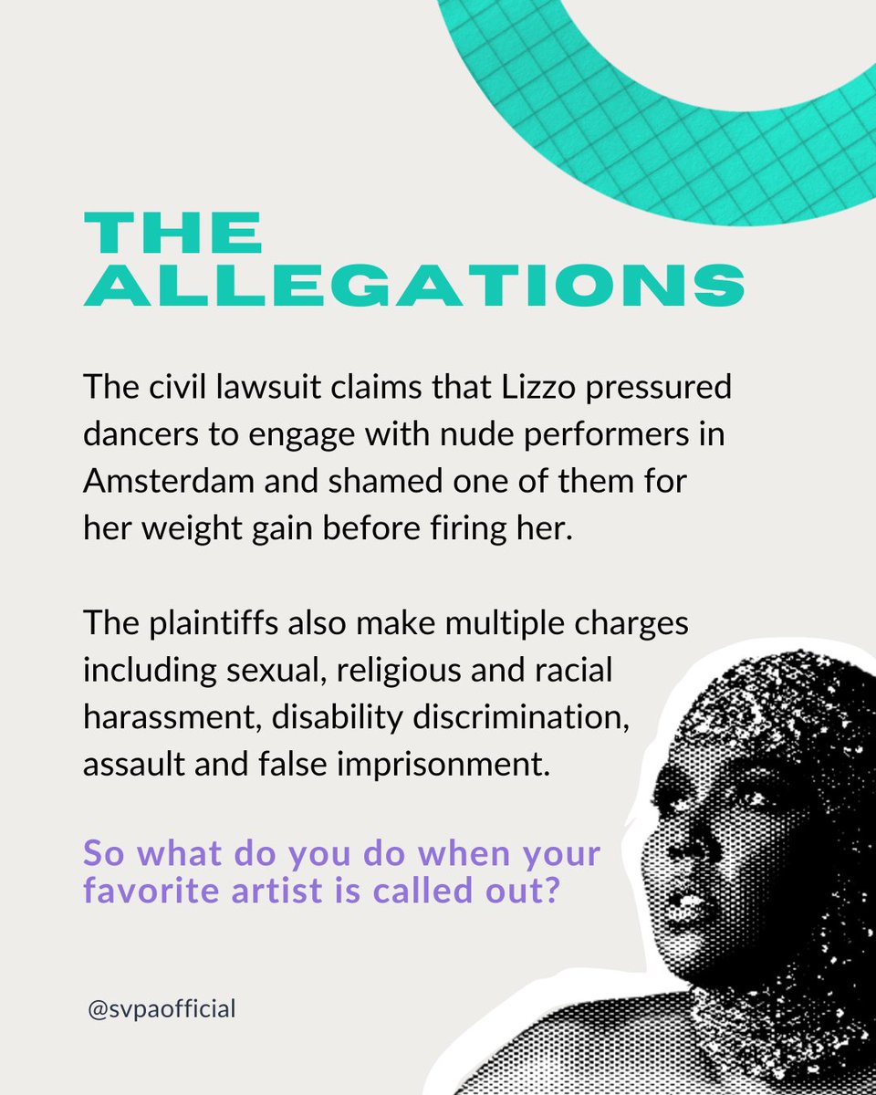 SVPAOfficial's tweet photo. It's "About Damn Time" we start thinking critically about our celebrity favs, including #Lizzo. We're just as shocked as you are about the #LizzoLawsuit, but we will continue to support survivors, even when it means holding one of our favorite artists accountable. https://t.co/OKoFCmV0pL