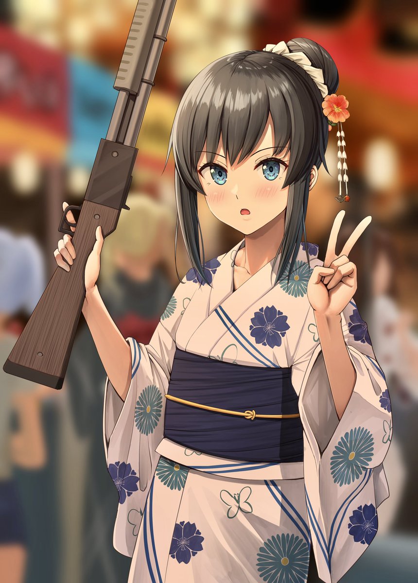 asashio (kancolle) japanese clothes kimono blue eyes black hair weapon floral print gun  illustration images