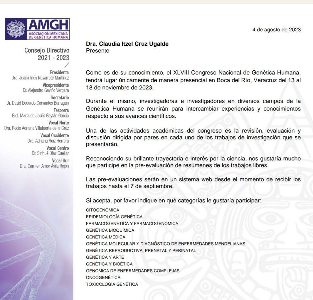 itzel_genetica's tweet photo. Super agradecida con la invitación para evaluar trabajos presentados para el XLVIII Congreso Nacional de Genética Humana.
No olvides inscribirte 🫶
✈️Nos vemos en Veracruz 🌊🌴🇲🇽
#AMGH link de inscripciones 👇
https://t.co/HfCL6odgK1 https://t.co/Bd3uCdWYvq