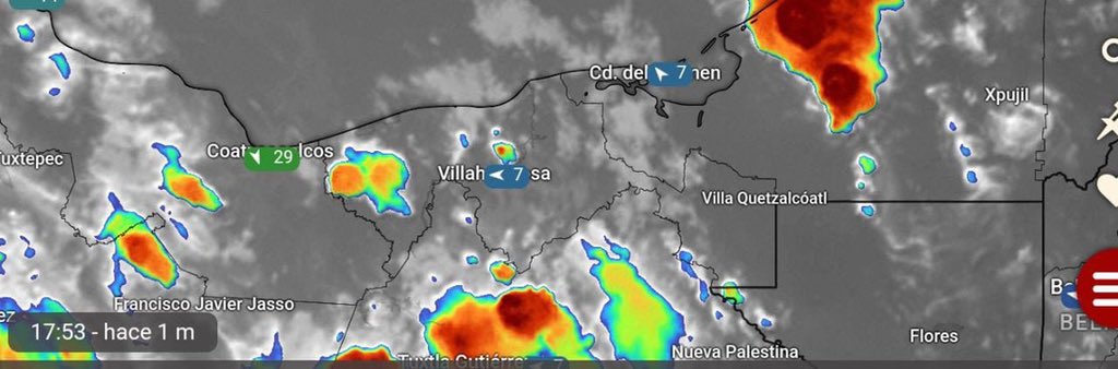 ProcivilTabasco's tweet photo. 04/08/2023 18:00 Desarrollo de tormentas al centro y Occidente del estado podrán generar chubascos en los siguientes minutos sobre los municipios de Cárdenas, Huimanguillo, Jalpa, Nacajuca y Centro. https://t.co/NBhssniDv3