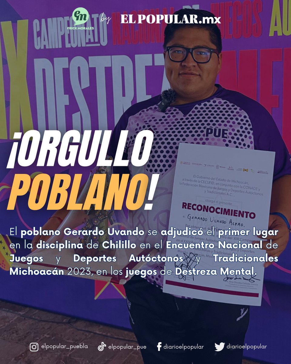 diarioelpopular's tweet photo. 👉🏼 https://t.co/2qcXpbovj8 👈🏼
#CoberturaEspecial 🔵| Gerardo Uvando es CAMPEÓN NACIONAL 🇲🇽 de #Chilillo , disciplina del XIX Nacional de Destreza Mental, que forma parte del evento que llevando para ti desde #Michoacán
#OrgulloPoblano
👉 https://t.co/jqoyxnUIwY
#EMSports https://t.co/Lo9uGvoEeV