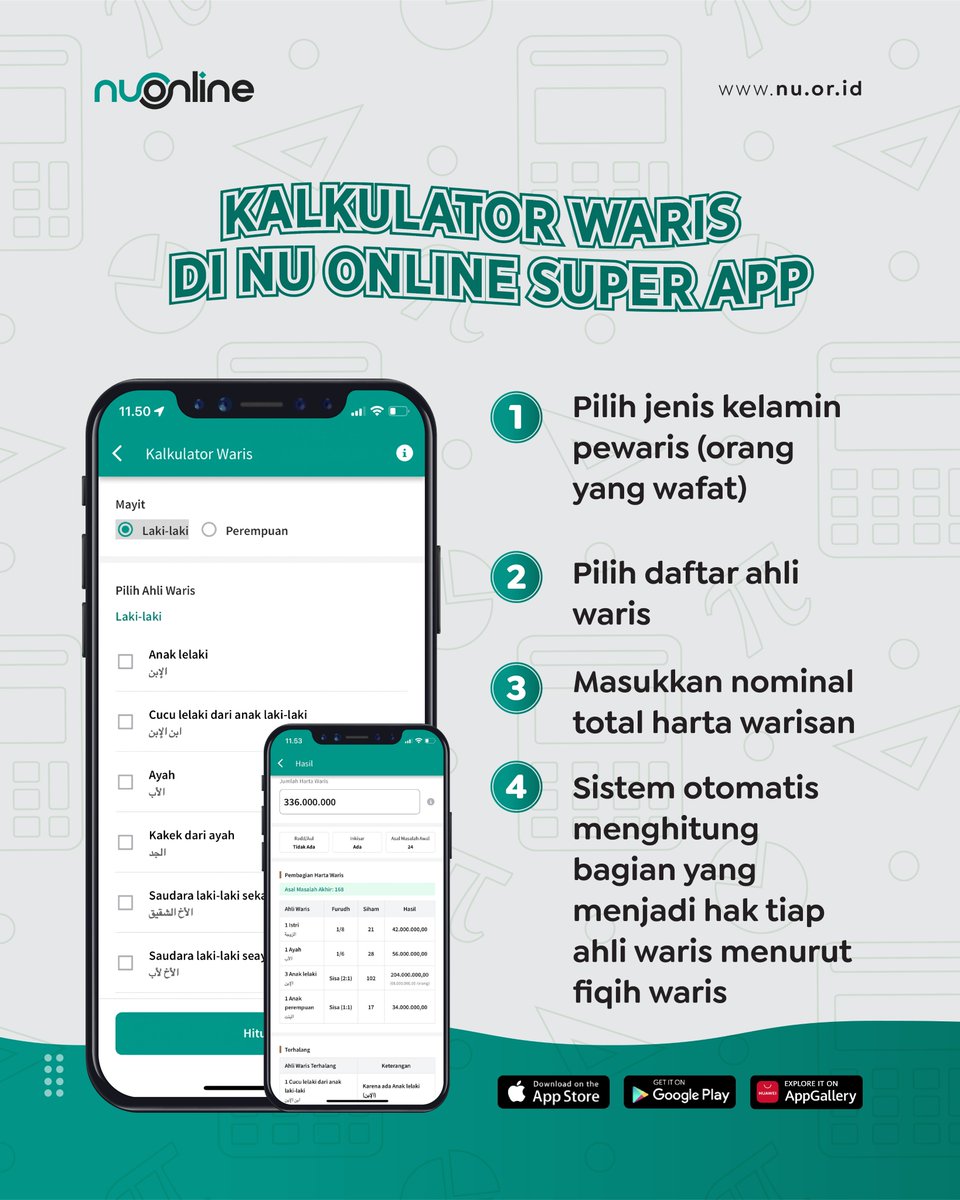 nu_online's tweet photo. NU Online Super App kembali menghadirkan fitur baru, yakni Kalkulator Waris. Didesain agar mudah dan simpel digunakan.

Dapatkan segera di sini: https://t.co/RaNF6Fzk6E

#nahdlatululama #nuonline #waris #aplikasikeislaman https://t.co/2yx9cTR3l0