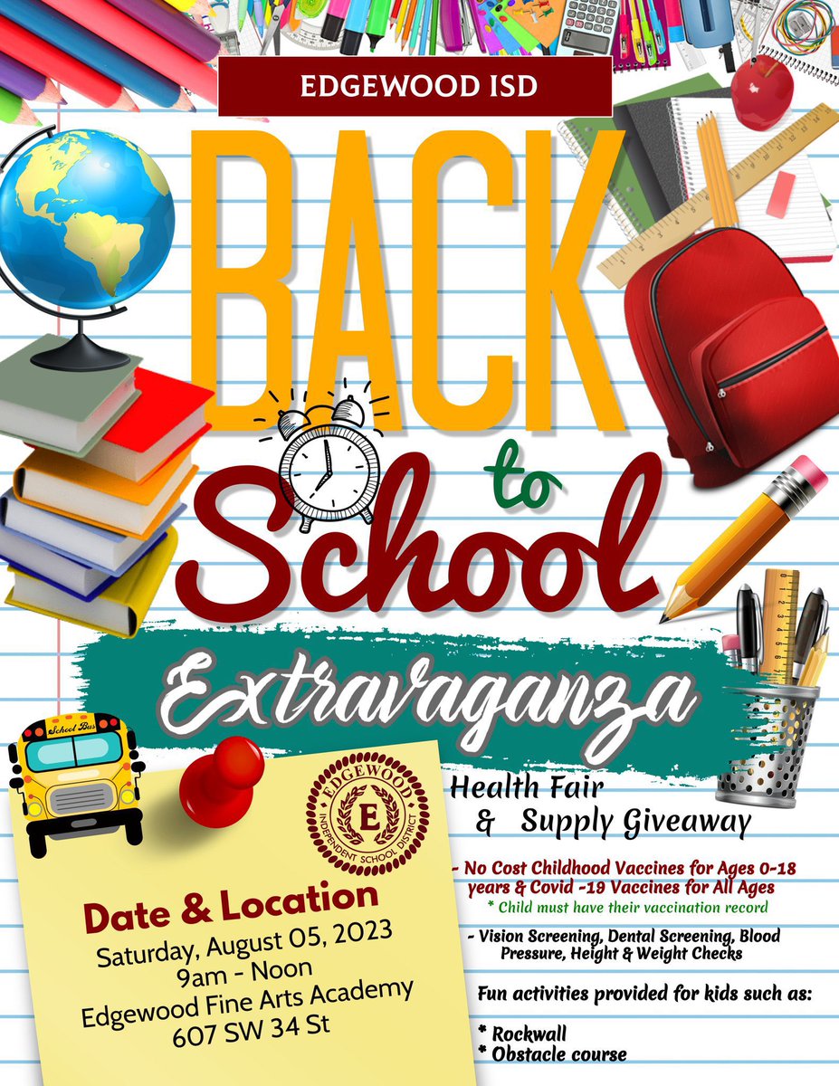 OMoucoulis's tweet photo. Join us tomorrow for our Edgewood ISD Back to School Extravaganza and Job Fair. Please share! #GoBigGoEdgewood #back_to_school #jobfair https://t.co/4dtBr5rmL4