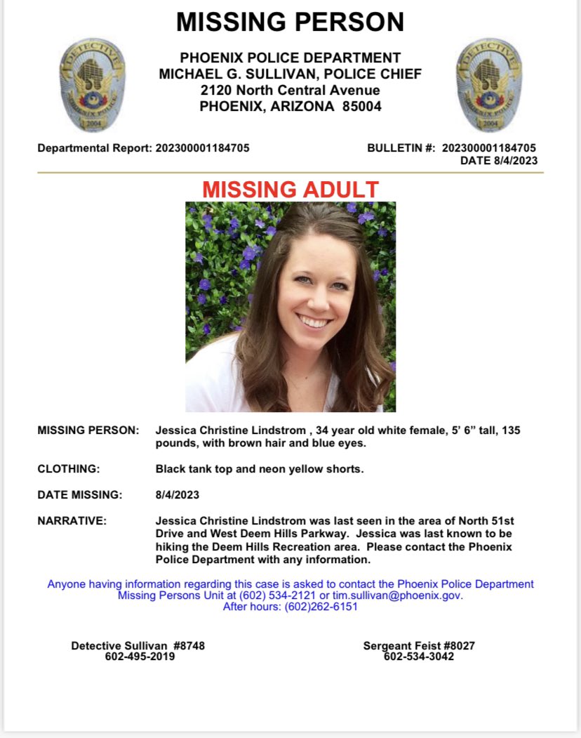 jlumfox10's tweet photo. MISSING HIKER: 34yo Jessica Lindstrom last seen in area of N 51st Dr and West Deem Hills Parkway. She was hiking this morning around 8:30. Contact @PhoenixPolice if you have info. https://t.co/WbtvG8cn2Y