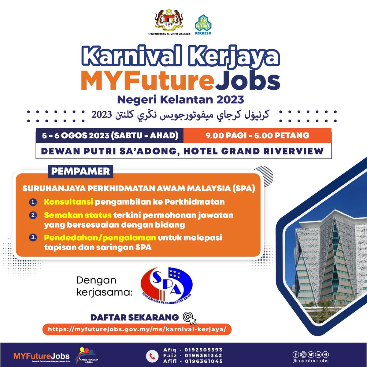 SPAMalaysia_gov's tweet photo. Yeayy kalini team #SPAOhsem akan berada di Kelantan! Meh pakat mari serbu Dewan Putri Sa'adong, Hotel Grand Riverview dan singgah ke reruai SPA🥰. Kami akan berada di sini selama dua hari dari 5-6 Ogos bermula jam 9.00 pagi-5.00 petang.
#carikerja
#SPA9 https://t.co/mHChr3yd2o