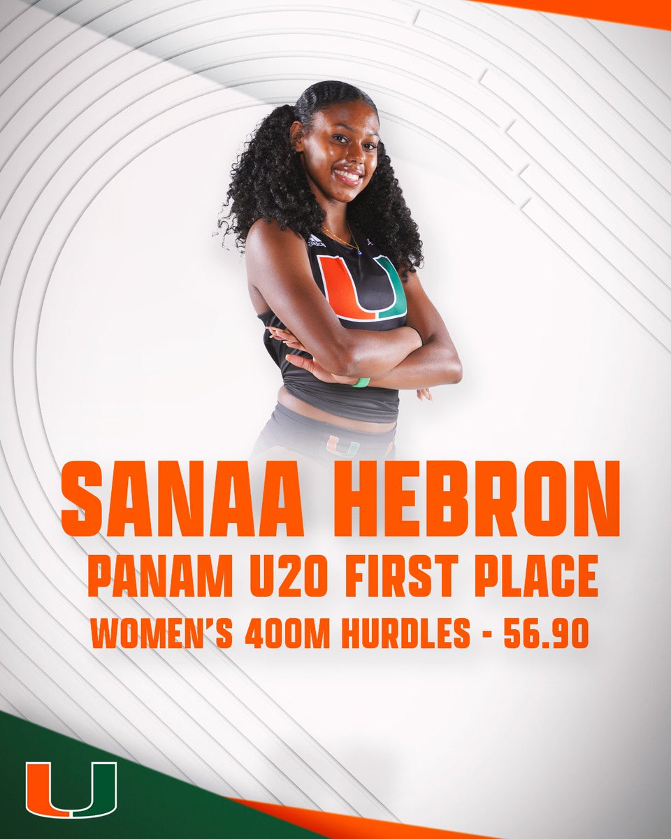 CanesTrack's tweet photo. Getting it done on the world stage 🙌

Congratulations to Hurricane Sanaa Hebron for placing first in the Panam U20 women’s 400m hurdles! 🤩🥇 https://t.co/LM2hJUyoFW