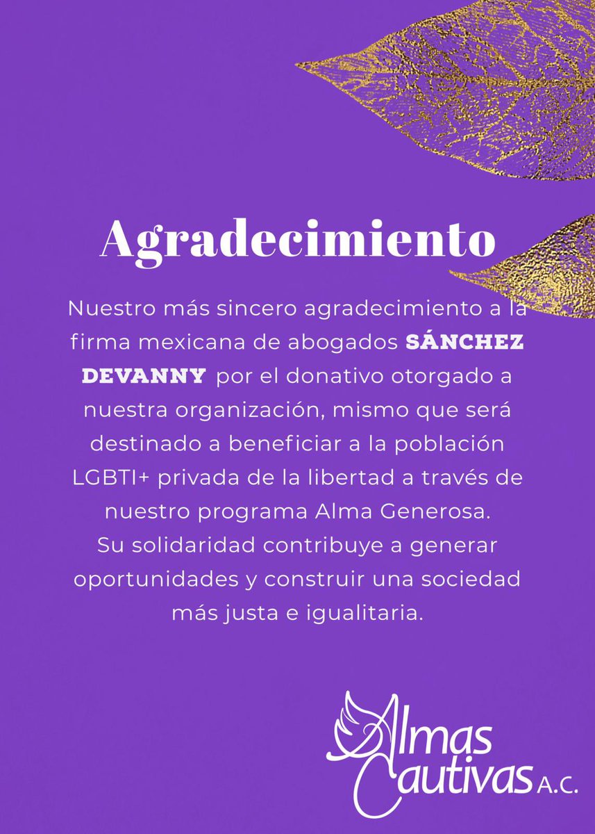 AlmasCautivas's tweet photo. Muchas gracias a la firma mexicana @sanchezdevanny por el apoyo otorgado con el cual se beneficiarán personas LGBTI privadas de la libertad en Ciudad de México
#almagenerosa https://t.co/6GtPegtHtQ