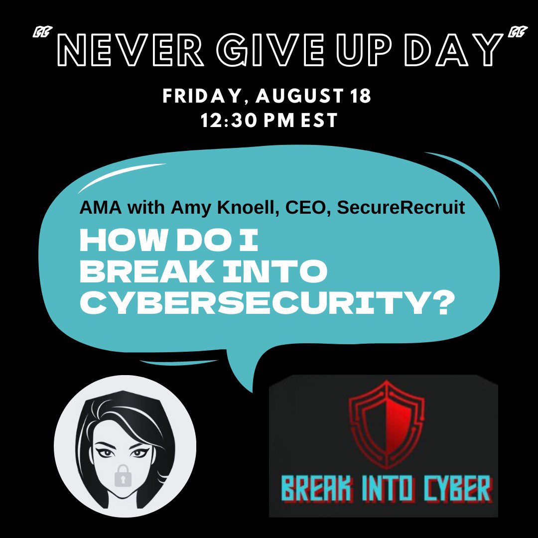 TBGCyber's tweet photo. Come with your best questions for @amy_cyber
After 20 years recruiting security talent, she has seen it (almost) all!
Tips and strategies to make sure you are giving yourself your best chance, every day. #breakintocyber
https://t.co/njgfbYbhzA https://t.co/HZ15Y6LXKJ